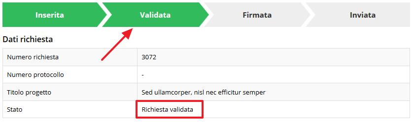 Una volta effettuata la validazione della richiesta, lo stato della richiesta si aggiorna in Richiesta Validata. Figura 82 - Richiesta Validata 3.