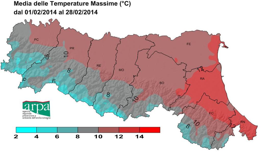 TEMPERATURE Le minime Valori medi in pianura tra 3 e 5 C, circa 4-5 C al di sopra dei valori medi 1991-2010. (La media climatologica prevede, in pianura, temperature minime comprese tra -1 e 4 C).