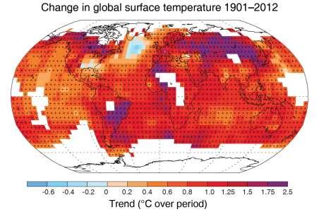 Cambiamenti osservati nella temperatura 1850 2012: Aumento della temperatura media globale superficiale (Tmgs) trend lineare 0,85 C nel periodo 1880 2012 aumento totale 0,78 C dal 1850-1900 al