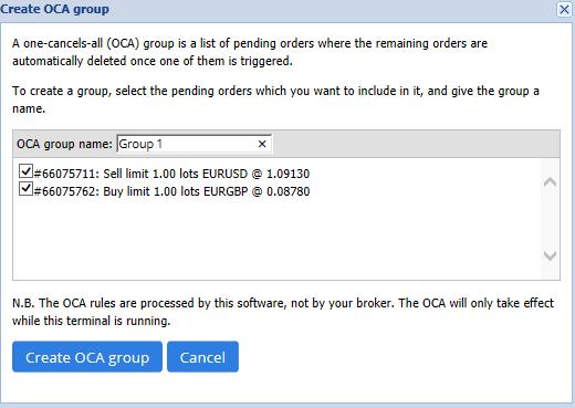 Un ordine OCO è semplicemente un gruppo OCA, dove ci sono solo due ordini nel gruppo. Si prega di notare che la chiusura automatica è elaborata dal software del trade terminal, non dal tuo broker.