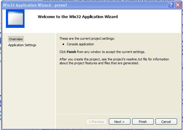 d) Come tipo di progetto, selezionare Win32 Console Application 1.