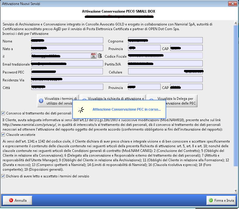 Inserire il PIN del dispositivo di firma per effettuare la firma