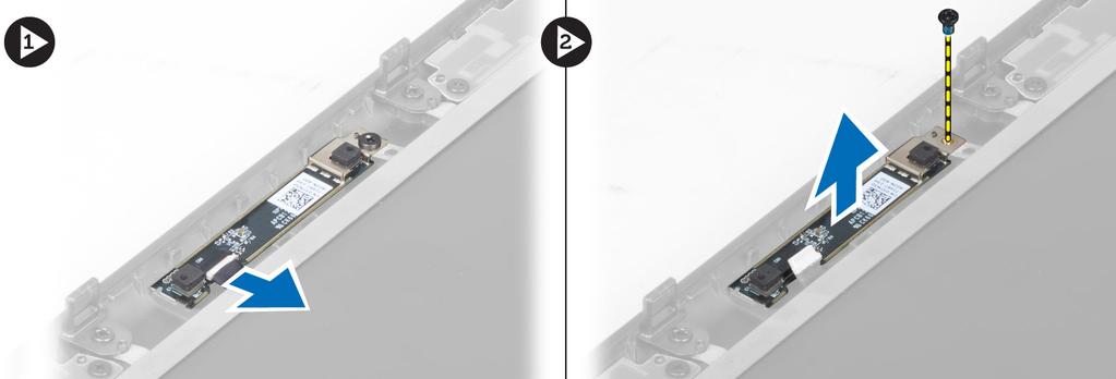 Rimozione della fotocamera 1. Seguire le procedure descritte in Prima di effettuare interventi sui componenti interni del computer. 2. Rimuovere: a) batteria b) cornice dello schermo 3.