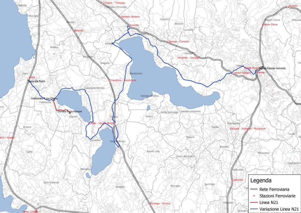 L ipotesi progettuale prevede la modifica del percorso della linea N21 come mostrato in figura.