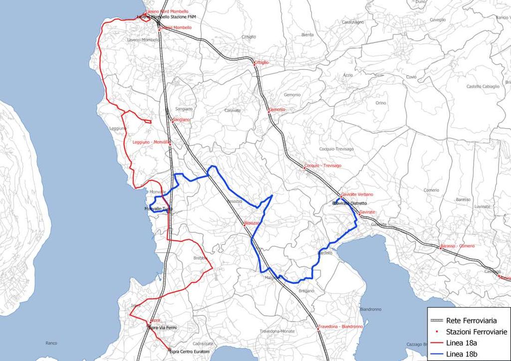 L ipotesi progettuale prevede l istituzione di due linee sul percorso della ex linea N18: N18a: Laveno Mombello Stazione FNM- Ispra Centro Euratom con cadenzamento bi-orario (8 corse/) anche nei