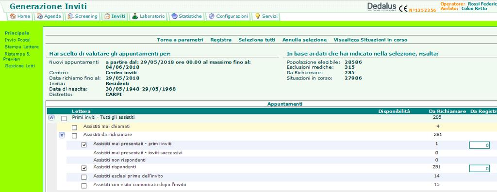 Il numero di persone da invitare dipende da: - % di adesione della popolazione arruolata Mai chiamati --> adesione 45% Invitati non rispondenti ai round precedenti