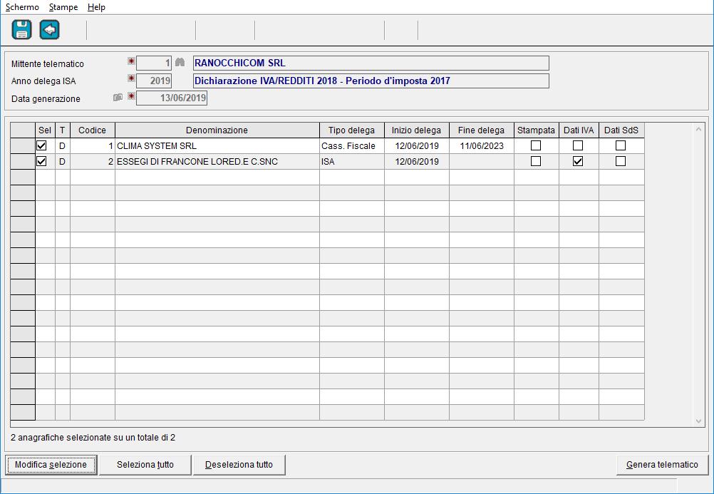 Generazione telematico ISA Con questo programma è possibile selezionare le aziende per cui si è già provveduto a compilare le deleghe e per le quali, si vuole procedere all invio della richiesta