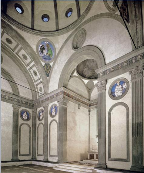 Cappella de Pazzi Compiuta nel 1461 ca, s u p r o g e t t o d i Brunelleschi, è la cappella funeraria della famiglia dei Pazzi L architetto porta alle estreme conseguenze le premesse della Sagrestia