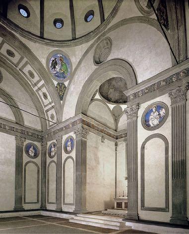 Cappella de Pazzi Compiuta nel 1461 ca, su progetto di Brunelleschi, è la cappella funeraria della famiglia dei Pazzi. L architetto porta alle estreme conseguenze le premesse della Sagrestia Vecchia.