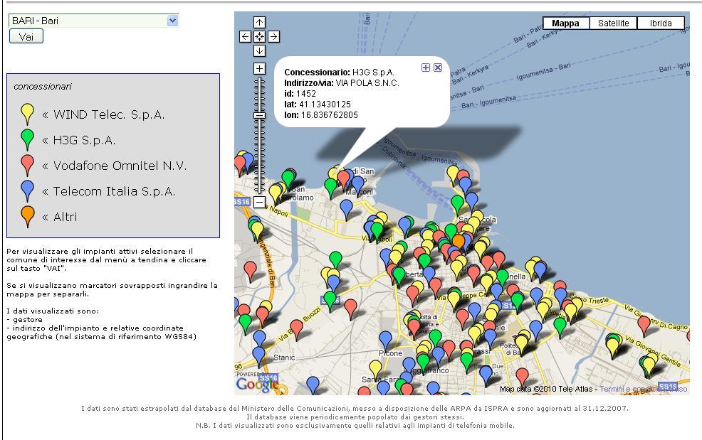 Fig.7 Catasto Impianti Attivi Visualizzabile sul sito www.arpa.puglia.it Viene di seguito riportato lo stato di avanzamento del catasto regionale dell ARPA Puglia (fig.