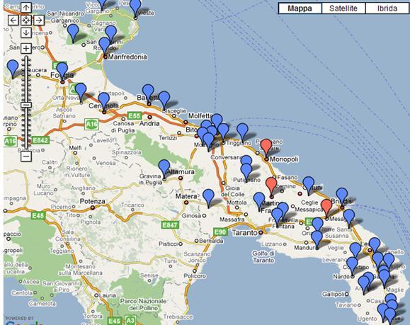 Nella seguente figura (figura 15) i marcatori blu indicano i siti monitorati per i quali non si sono registrati superamenti, i marcatori rossi indicano i siti con superamenti.