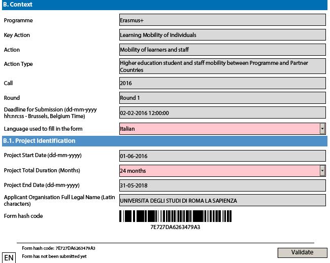 2 Lingua compilazione, durata del progetto, salvataggio dati 1. E possibile compilare la candidatura in Italiano scegliendo la lingua dal menu a tendina; 2.