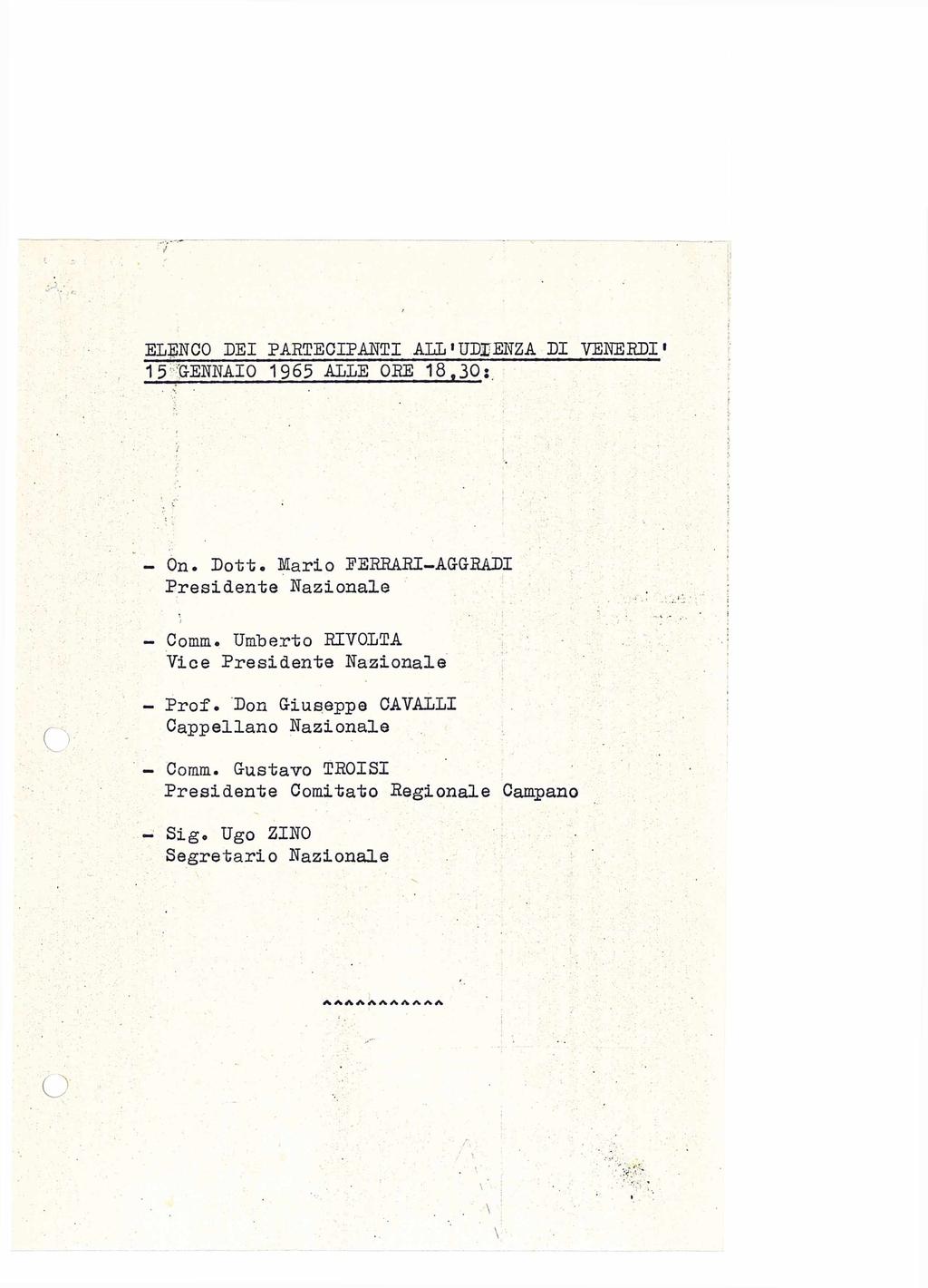 ELENCO DEI PARTECIPANTI ALL'UDIENZA DI VENERDÌ 15 GENNAIO 1965 ALLE ORE 18.30: On. Dott. Mario FERRARI AGGRADI Presidente Nazionale Comm.