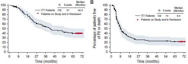 BV post HSCT failure: 5-years update 102 chl pts R/R after ASCT (2 ASCT: 11%) Median age: 31 (15-77) N
