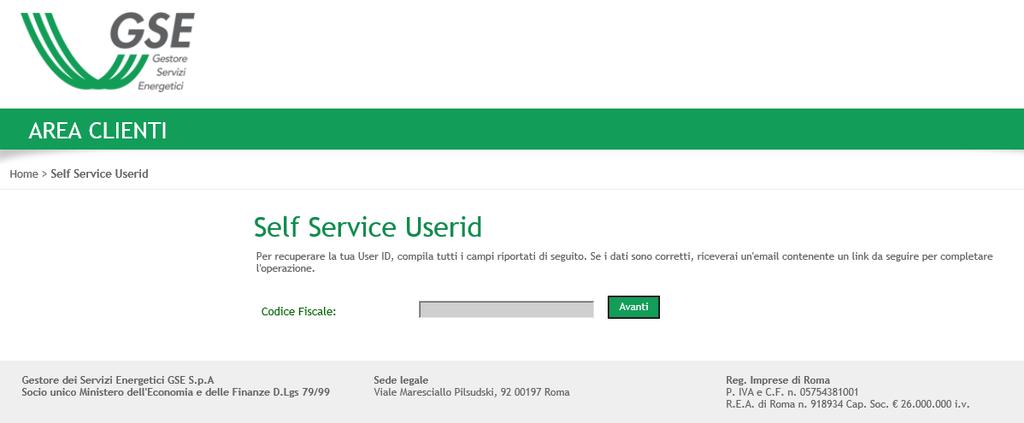 2.4 Recupero UserId Il Portale offre tra le procedure disponibili, anche quella per il recupero dello userid utente qualora fosse dimenticato.