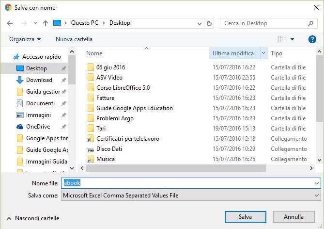 16. Salvare il file nel PC cliccando su Salva (nel nostro esempio il file