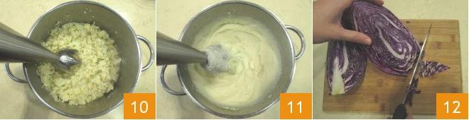 Nel frattempo che il cavolo nero è in forno, però, potete dedicarvi alle altre preparazioni. Cominciate dalla crema di cavolfiore: pulite lo scalogno e tagliatelo a rondelle (6).