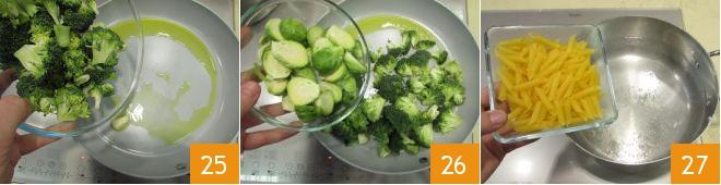 Fate soffriggere brevemente l aglio in una larga padella con un filo d olio e aggiungete i broccoli (25) e i cavolini (26).