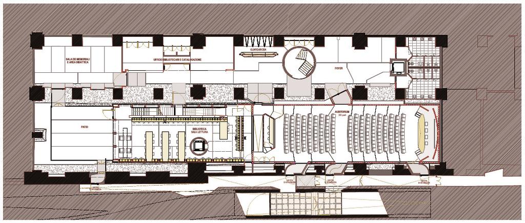 Memoriale - Pianta piano interrato 4 Bookshop Deposito Libri Biblioteca Bar Biblioteca Auditorium Il Memoriale della Shoah, che si estende complessivamente su una suficie di circa 7.