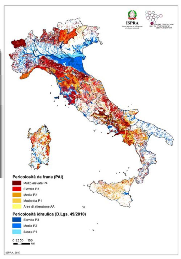 La superficie delle aree classificate a pericolosità da frana elevata o molto elevata e/o idraulica media ammonta complessivamente al 16,6% del territorio nazionale. Impressionante!