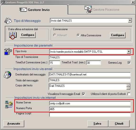 Verificare che siano impostati i seguenti parametri: o Tipo Invio: Invio tramite posta in modalità SMTP SSL/TSL o Nome Server: smtp.csdlpdit.