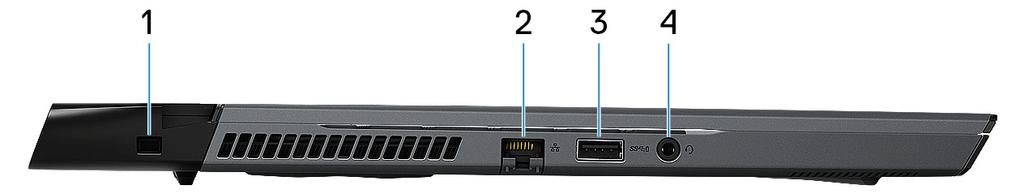 Viste di Alienware m15 R2 Sinistra 1 Slot per cavo di sicurezza (a forma di cuneo) Collegare un cavo di sicurezza per evitare movimenti non autorizzati del computer.