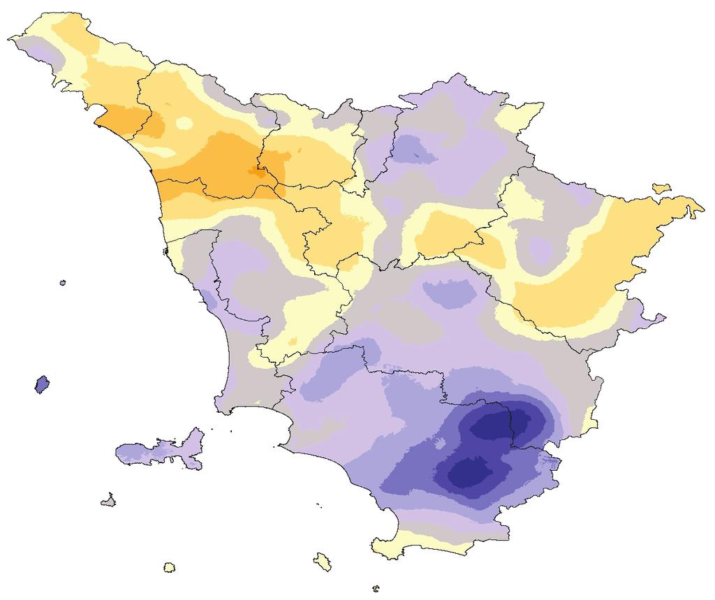 indici pluviometrici di pioggia Anomalie di pioggia Le piogge di Agosto sono state ben al di sopra della media del mese nelle province meridionali del grossetano e senese, con oltre il +200% di