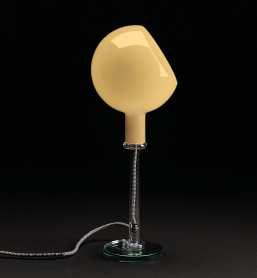 Diffuser in amber (AM) or white (BI) opal blown glass. Lampe de table avec dimmer. Base en verre transparent et tige en verre borosilicate.