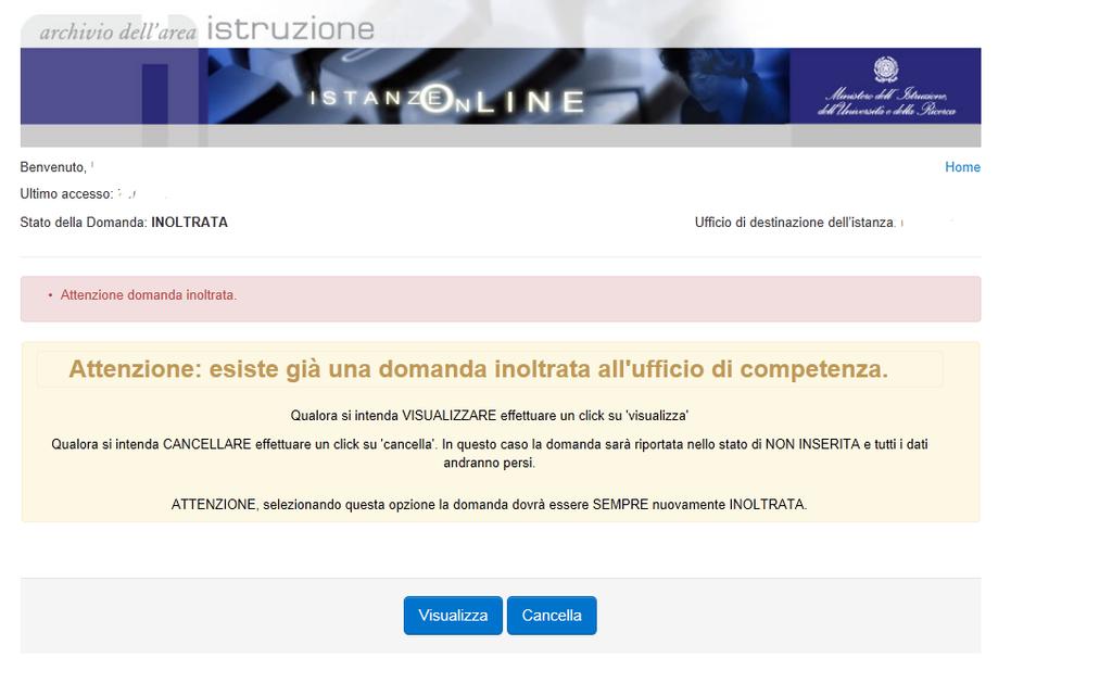 Effettuando un clic sul tasto VISUALIZZA, l utente può verificare i dati della domanda, in formato pdf,