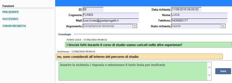 Cliccando Nuovo è possibile fare una nuova richiesta, si deve scegliere l argomento relativo all assistenza e scrivere nella casella di testo il