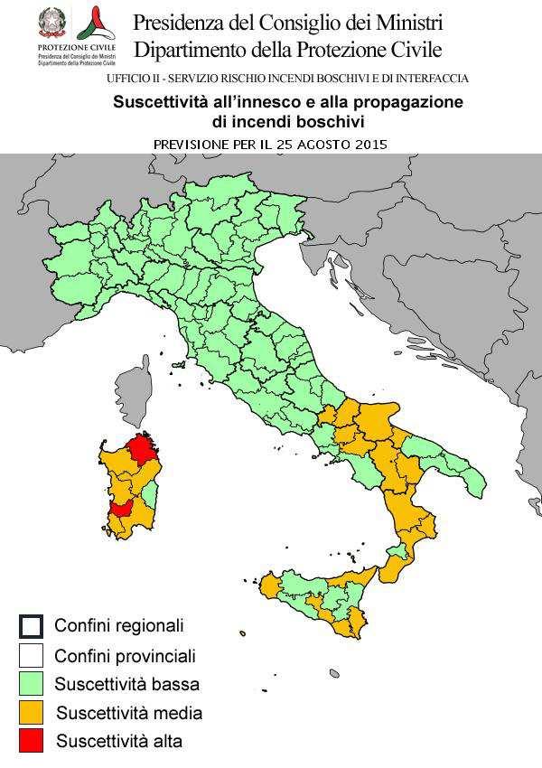 CONDIZIONI DI SUSCETTIVITA' ALL'INNESCO E ALLA PROPAGAZIONE DI INCENDI BOSCHIVI PREVISTE PER IL 25 AGOSTO 2015 BASSA MEDIA ALTA VALLE D'AOSTA AO PIEMONTE LOMBARDIA TRENTINO A. A. VENETO FRIULI V.