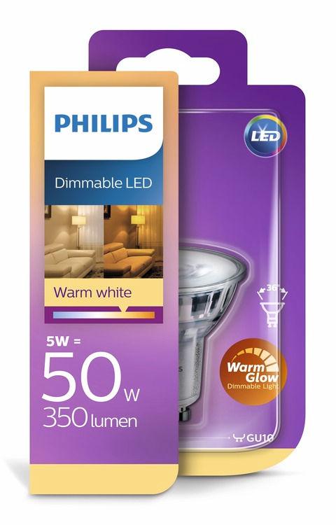 PHILIPS LED Faretto (intensità regolabile) 5 W (50 W) GU10 Warm Glow Regolabile, calda luce soffusa La luce giusta per creare un'atmosfera unica I faretti LED
