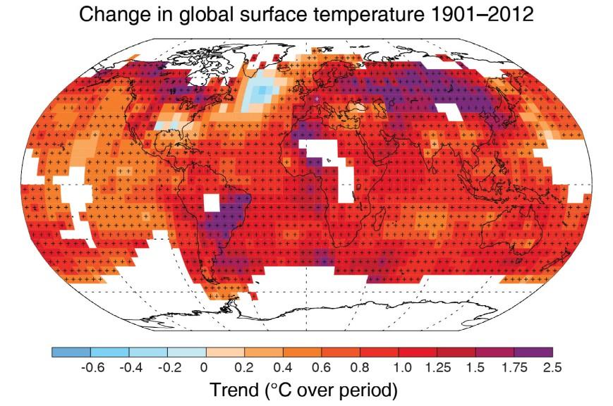 Cambiamenti osservati nella temperatura 1850 2012: Aumento della temperatura media globale superficiale (Tmgs) andamento lineare 0,85 C nel periodo 1880 2012 aumento totale 0,78 C dal 1850-1900 al