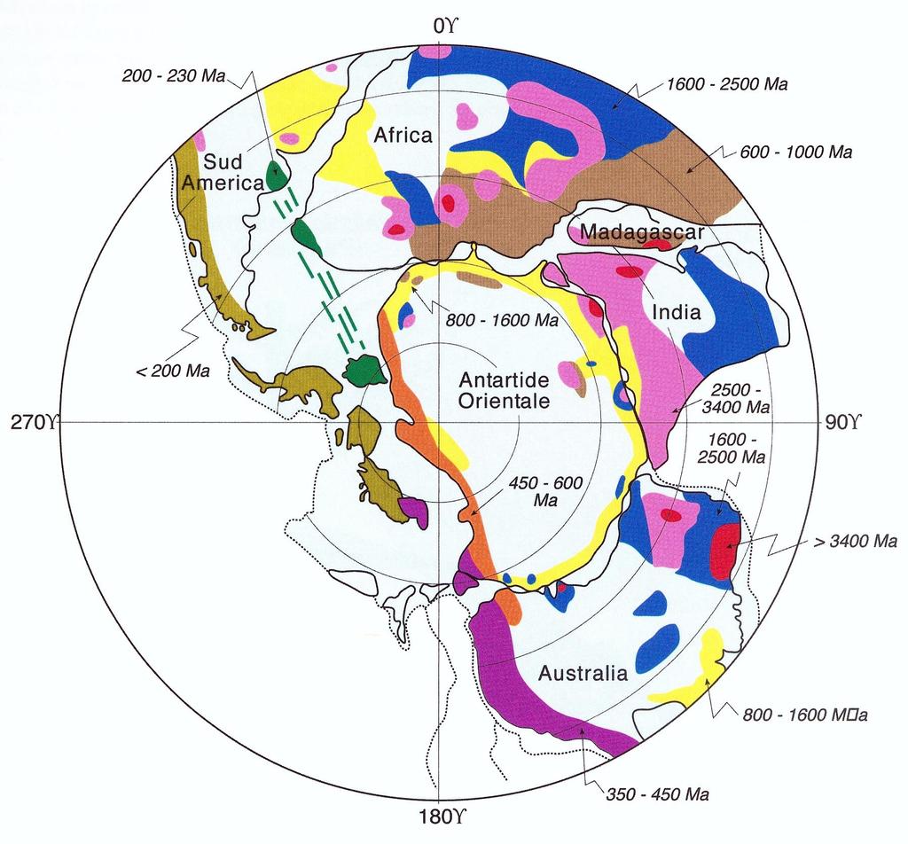 Il supercontinente Gondwana è esistito fra 500 e 150 milioni di anni Nuclei archeani (>2500 Ma) rocce proterozoiche