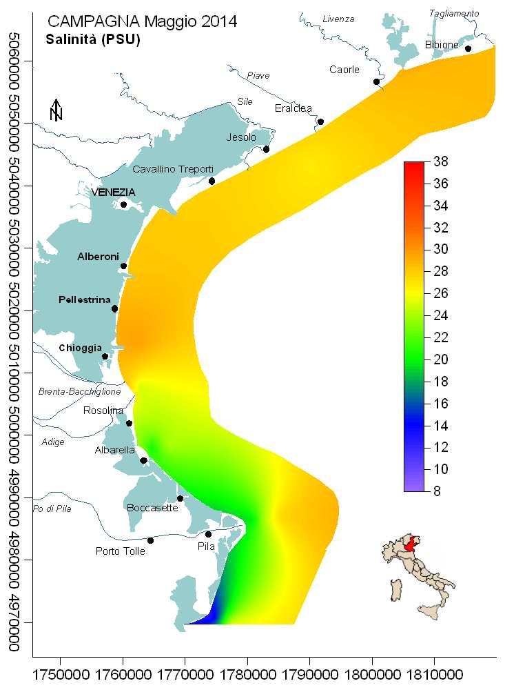 SUPERFICIALE MENSILE DEI PRINCIPALI PARAMETRI MARINI Le mappe sotto riportate (Figura 9 e ) rappresentano la stima della distribuzione superficiale (0.