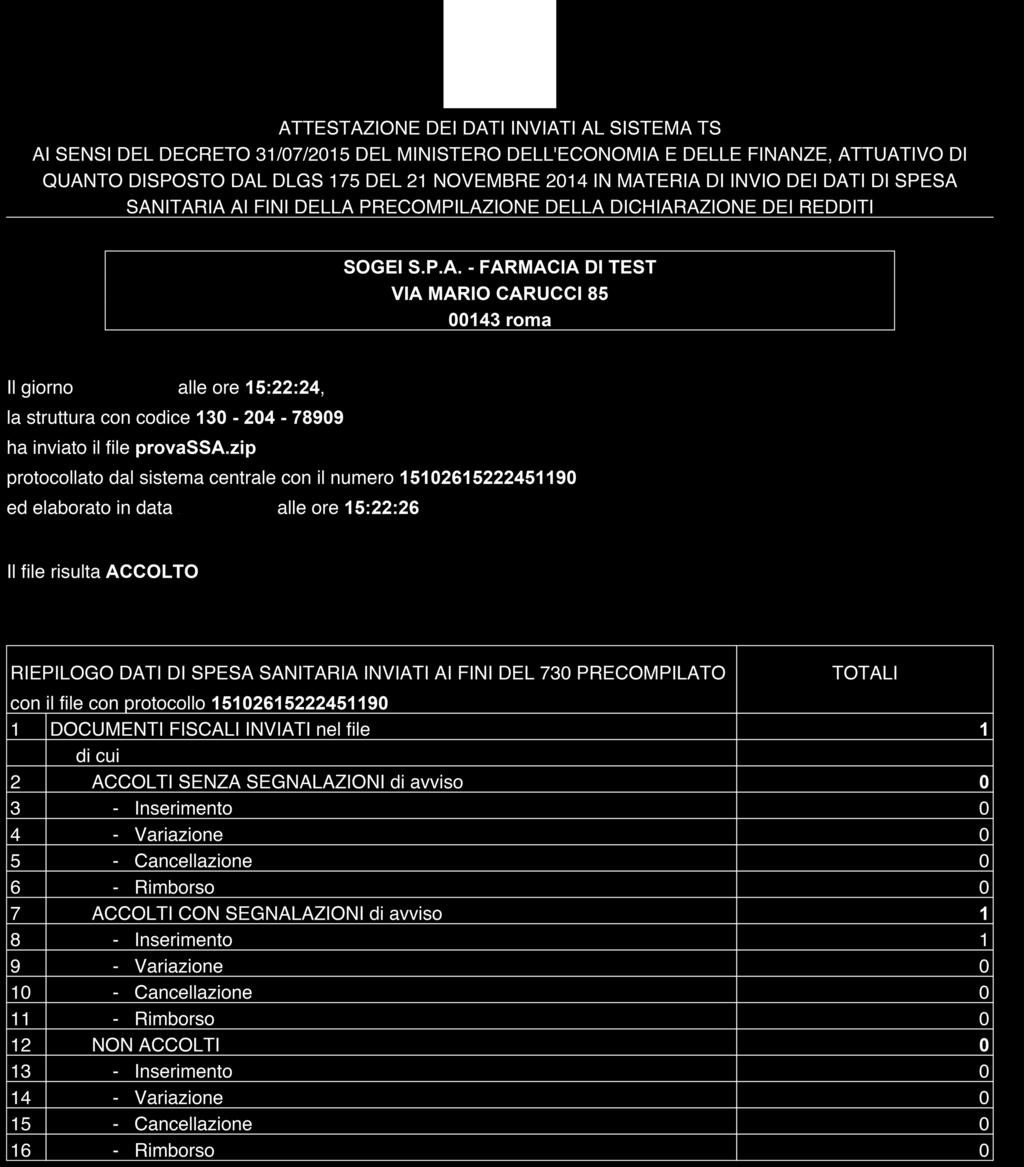 Tavola n. 3 Esempio di attestazione di invio 26.01.