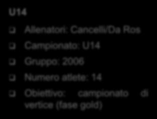 Allenatori: Cancelli/Da Ros Campionato: U14 Gruppo: 2006 Numero atlete: 14 Obiettivo: campionato di vertice (fase