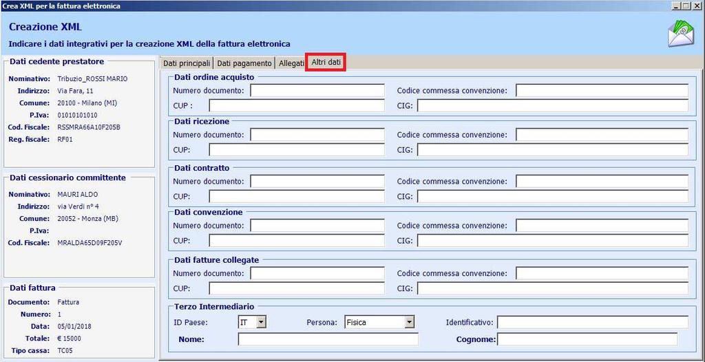 La sezione Altri Dati viene utilizzata per dare evidenza del fatto che il documento (fattura o simili) è emesso a fronte di un ordine di acquisto al quale fa riferimento. L art.