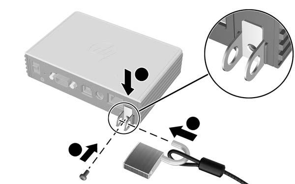 B Disposizioni di sicurezza HP t200 Zero Client for MultiSeat Fermo di sicurezza Il t200 Zero Client è spedito con un fermo di sicurezza che è possibile fissare al pannello posteriore del t200 Zero