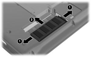 b. Afferrare il modulo per il bordo (2) ed estrarlo delicatamente dallo slot. Per proteggere un modulo di memoria dopo averlo rimosso, conservarlo in un contenitore antistatico. 10.