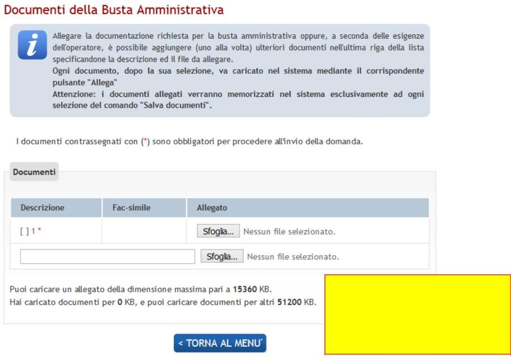 Si ponga attenzione ai limiti prestabiliti relativi alle dimensioni dei singoli file che verranno caricati e all insieme di tutti i file che verranno caricati nella busta amministrativa.