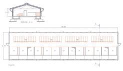 Fig. 3 - Questa porcilaia raffigura il settore di fecondazione/prima fase di gestazione con gabbie individuali e box collettivi, prevede 117 capi, 90 scrofe, alimentazione liquida e ventilazione