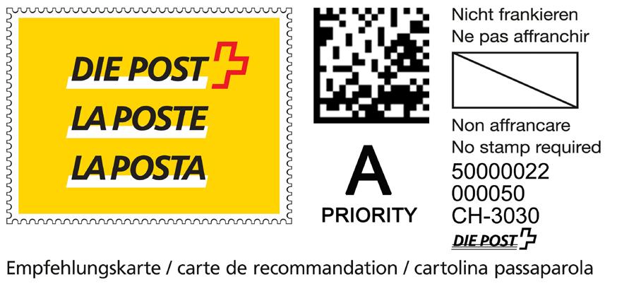 Utilizzo di codici a matrice per invii di lettere Tipo di affrancature Cartolina passaparola Cartolina passaparola La cartolina passaparola preaffrancata della Posta consente ai vostri clienti di