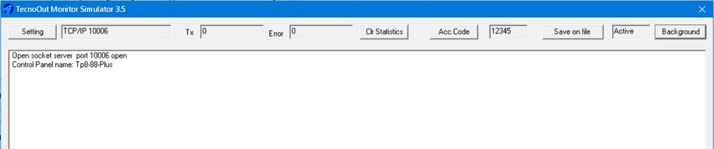 COMANDI SIMULATORE TECNO OUT MONITOR SETTING di selezionare la porta seriale usata, di programmare i parametri del TCP/IP e di selezionare il tipo di centrale e la versione di firmware della centrale