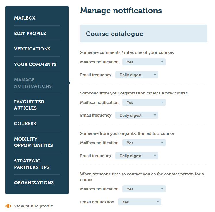 Gestione dei corsi: Notifiche Nel tuo Profilo, sotto Gestisci notifiche, puoi definire come e quando ricevere le notifiche sui tuoi corsi.