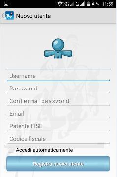 La registrazione richiede i seguenti dati: - Nome utente* (username con la quale si accederà) - Password* - Indirizzo email* - Numero patente FISE* - Codice Fiscale* I campi contrassegnati dal