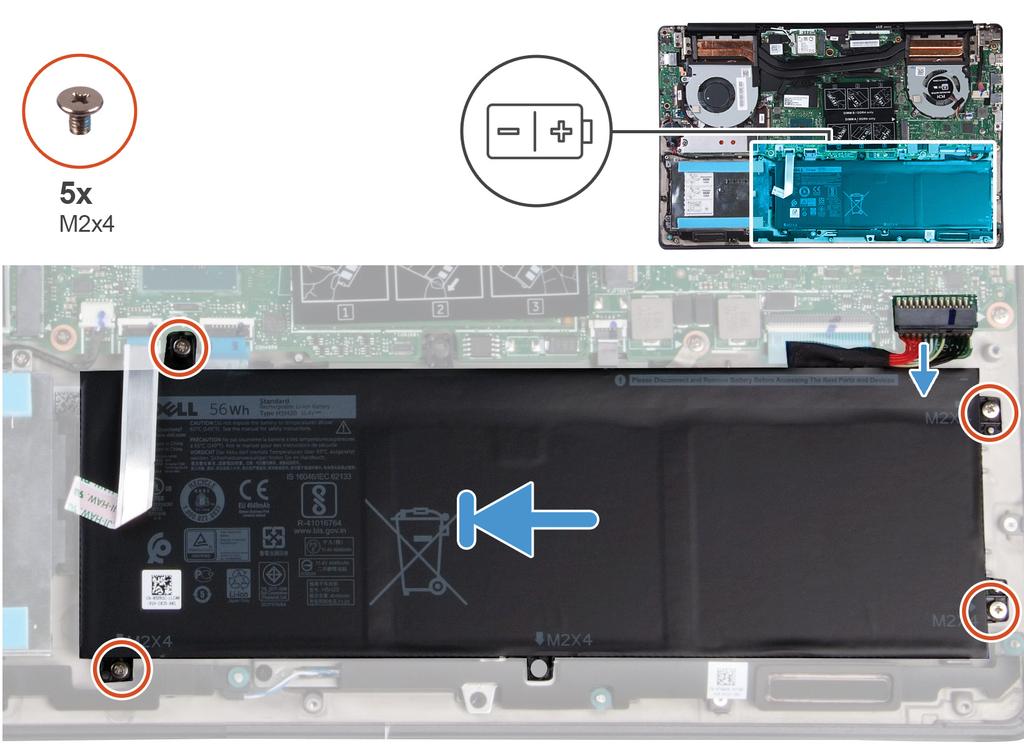 2. Rimuovere le quattro viti (M2x4) che fissano la batteria al gruppo del supporto per i polsi e tastiera. 3. Sollevare la batteria dal gruppo del supporto per i polsi e tastiera.