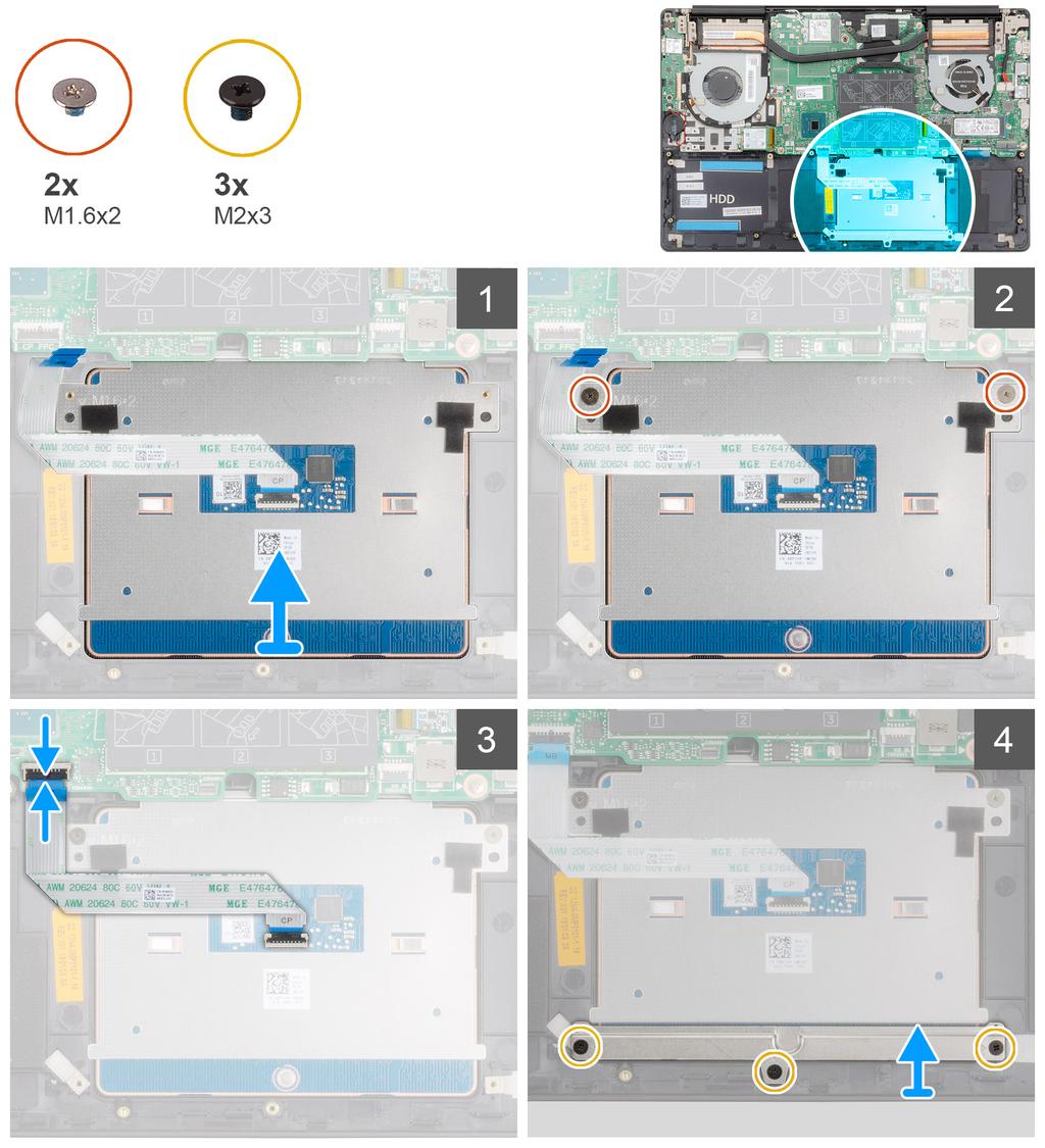 1. Rimuovere le tre viti (M2x3) che fissano la staffa del touchpad al gruppo del supporto per i polsi e tastiera. 2. Sollevare la staffa del touchpad dal gruppo del supporto per i polsi e tastiera. 3.