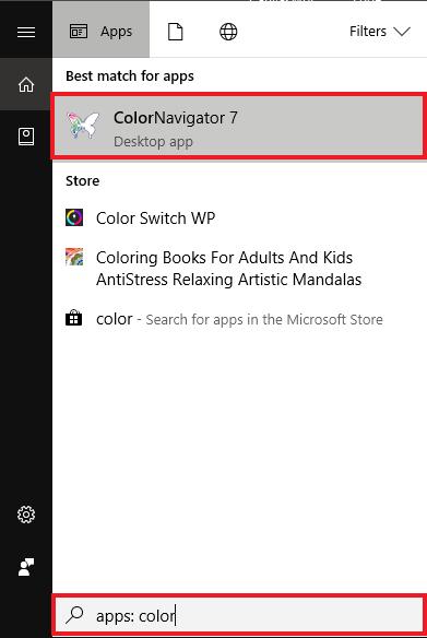 Dopo aver selezionato apps in cerca di file di Windows, digitare ColorNavigator 7 e fare clic sull'icona ColorNavigator 7 visualizzato nei risultati di