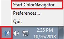 Fare clic sull'icona ColorNavigator sulla barra delle applicazioni per aprire il menu 2.